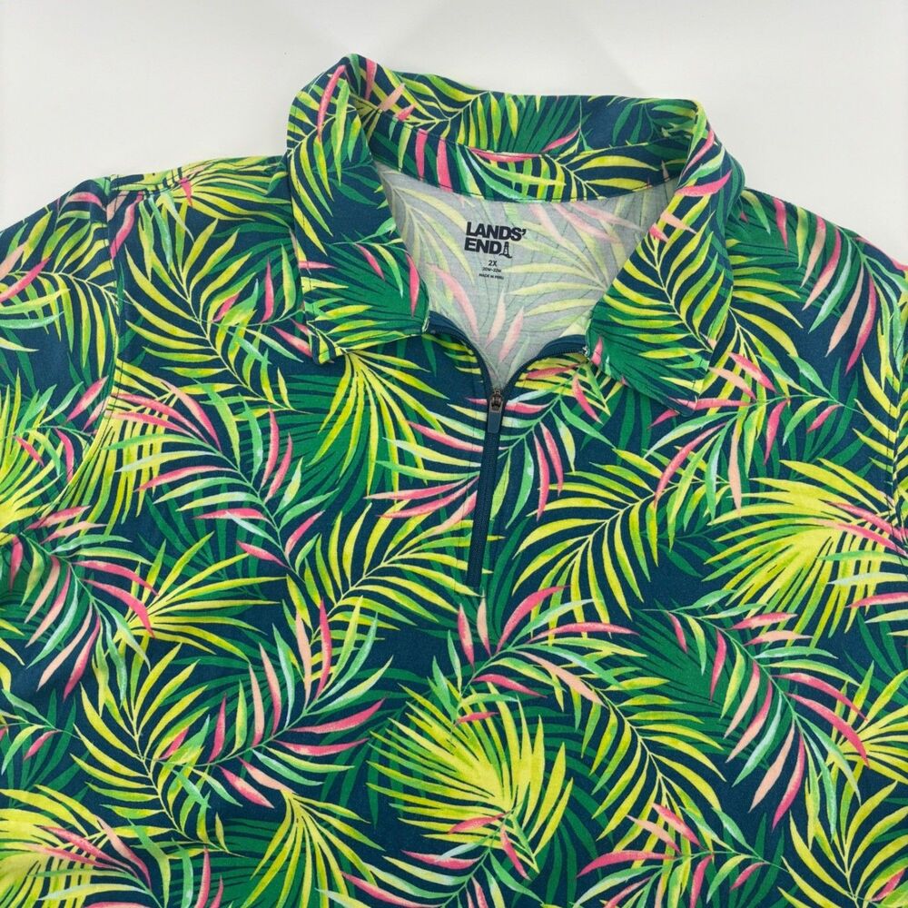 Lands' End Quarter Zip Polo Green Multi Mens 2X Tropical Palm Leaf Short Sleeve